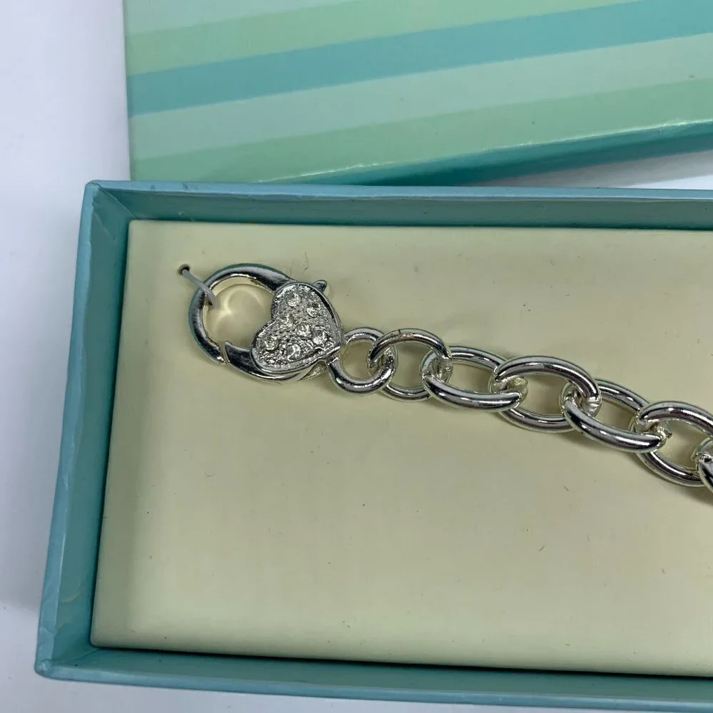 Austrian Crystal Shimmering Silver Tone Charm Bracelet With Heart Charm 7.5